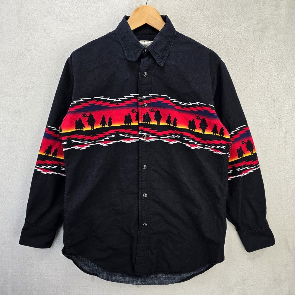 Vintage Express Rider Shirt Mens Medium Black Western Snap Aztec Cowboy 90s